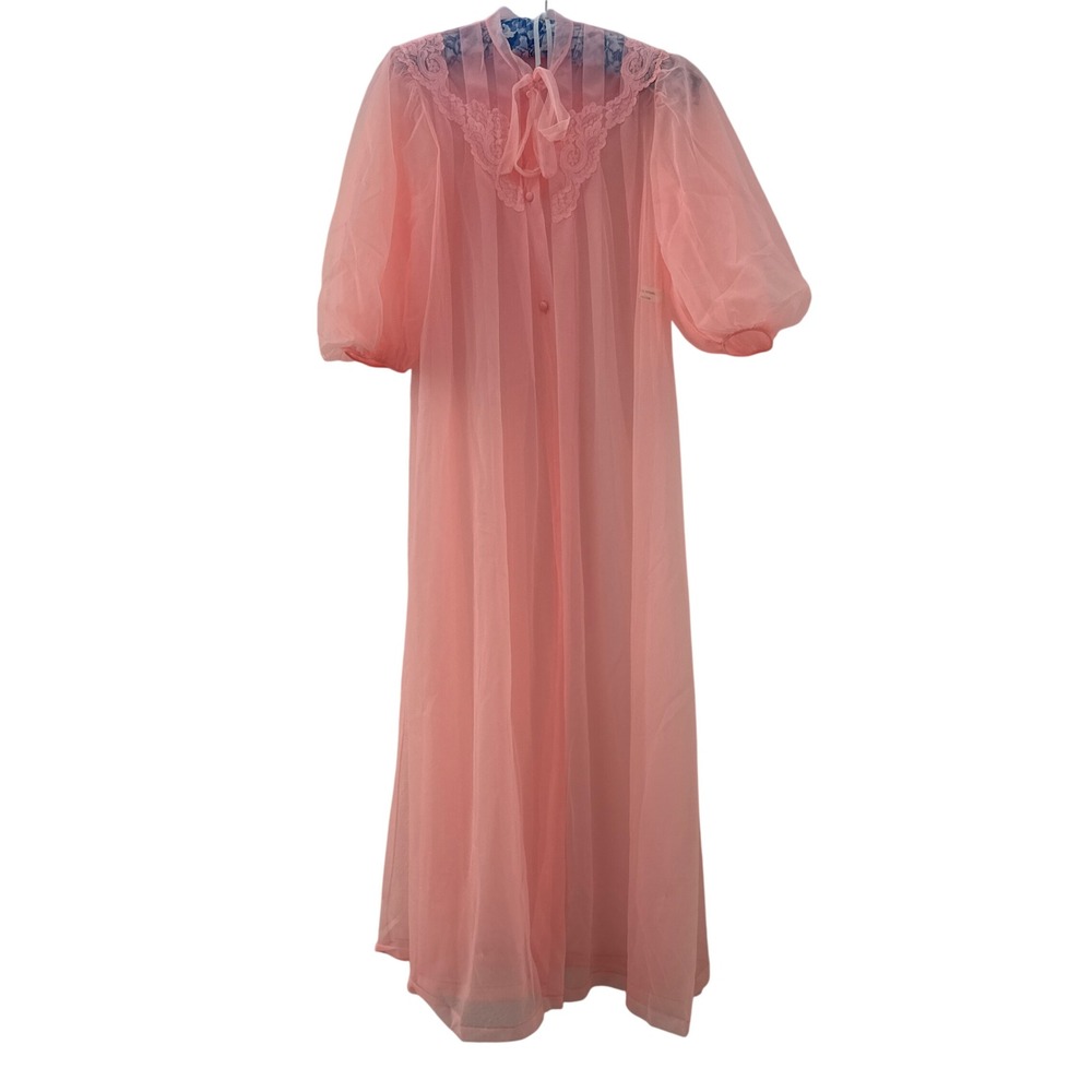 Kayser 60s Vintage Sheer Peignoir Robe Lace Puff Sleeve Nightgown Medium Pink